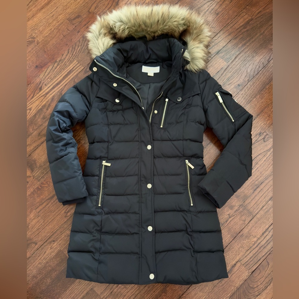 Michael Kors Black Puffer Coat  with Faux Fur Trim PS size